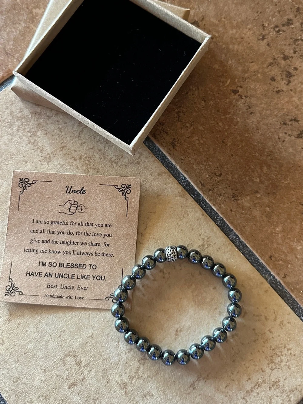 Hematite Stretch Bracelet with Uncle Sentiment Card